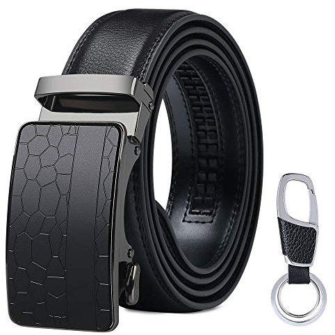 flintronic Herren Gürtel,Hochwertiges Leder material Ratsche Automatik Gürtel für Männer Ledergürtel Breite 3.5cm Länge 143CM-Schwarz (inkl Schlüsselbund & Geschenkbox)