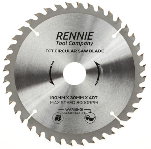 190mm x 40T TCT Saw Blade. 190mm Circular Saw Blade For Roughing Cuts x 30mm Bore + 25mm/20mm/16mm Bore Reduction Rings Compatible With Bosch Makita Milwaukee Ryobi Dewalt Circular Saws etc