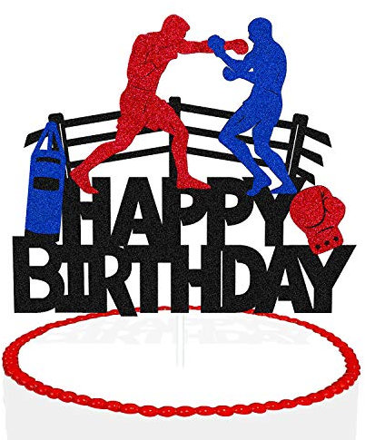Boxing Cake Topper for Beat Boxing Platform Punching Bag Glove Themed Men Kids Boy Girl Birthday Party Cake Decor Happy Bday Event Supplies Double Sided