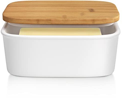 Tydi Elegant Porcelain Butter Dish with Lid Ceramic - 16x10.5x7 cm (up to 600g Capacity) Butter Dishes with Lids - Removable Silicone Seal - White with Bamboo Lid - Butter Container