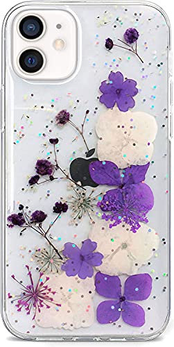 Efitoo Designed for iPhone 12/12 Pro Pressed Flower Case, Cute Bling Glitter Sparkle Clear with Design Soft Silicone TPU Rubber Dried Real Floral Aesthetic Case for Women Girls (White Purple Flower)