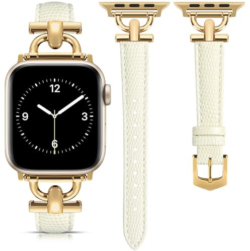 mxiixnai Leather Strap Compatible with Apple Watch Straps 41mm 40mm 42mm 38mm Women, Slim Thin Leather Replacement Strap for iWatch Bands Series 10 9 8 7 6 5 4 3 2 1 SE,Milky White/Gold