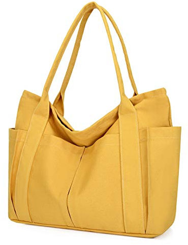 Damen Groß Handtasche Canvas Tote Bag Shopper Einfarbige Strandtasche Mehrfachtaschen für Bücher Reisen Alltag Schule Arbeit Einkauf gelb