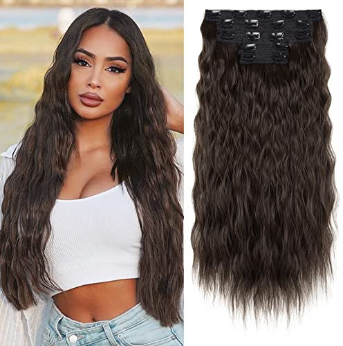 RREECHO Clip in Extensions, 5 Teile Haarverlängerungen zum Einclipsen dicke lange lockere Wellen Haarverlängerungen Unsichtbare Spitze Flechte Natürliche weiche haarteile für Frauen - Schwarz Braun