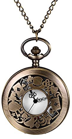 JewelryWe Taschenuhr Herren Retro Alice im Wunderland Skelett Kettenuhr mit Römischen Ziffern Vintage Analog Quarz Uhr Anhänger mit Halskette Kette für Damen Männer Bronze