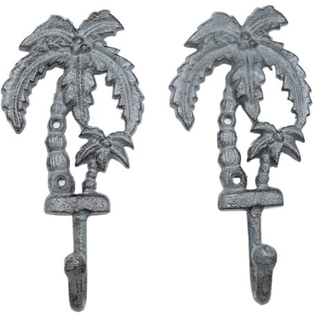 Wowser Palm Tree Cast Iron Wall Hooks, Nautically Themed Wall Décor, Set of 2, 8.25 Inches