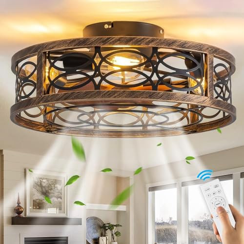 KZT Ventilatore da Soffitto con Luce e Telecomando E27 Vintage Plafoniera con ventilatore Smart Gabbia in Metallo Lampada de Soffitto con Ventilatore per Camera da Letto Soggiorno Fan Ceiling light