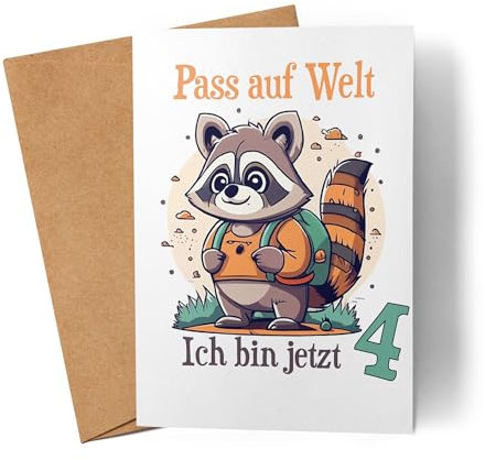 Lilavie-Design Ich Bin jetzt 4 Karte Waschbär 4. Geburtstag Deko Kindergeburtstag Süß 4 Jahre