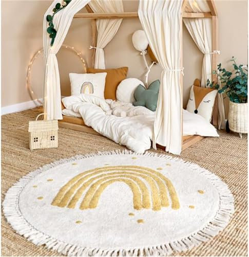 Herfair Teppich Rund, Regenbogen Kinderteppich Mädchen Weiche Boho Kinderzimmerteppich Babymatte rutschfest für Schlafzimmer Kinderzimmer (Gelb,60cm)