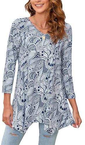 Enmain Camiseta Mujer Manga 3/4 Top Túnica Larga Cuello de Pico Blusa Elegante y Cómoda Talla Grande Tops Estampadas T Shirt para Mujeres,Azul y Blanco,XL
