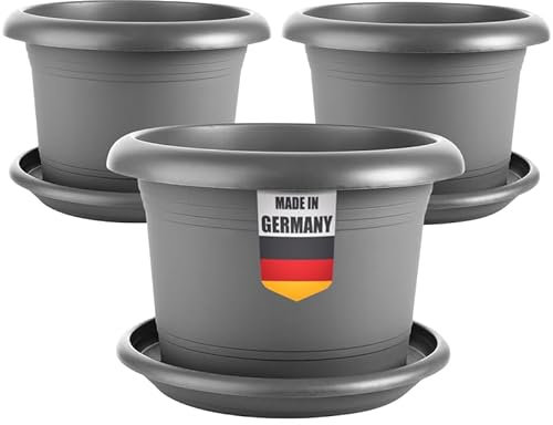 SUSTANIA Elegante set di 3 vasi da fiori grandi 40 cm di diametro – Vaso grande esterno in antracite, con sottovaso, robusto e antigelo, in plastica, per giardino, balcone, terrazza