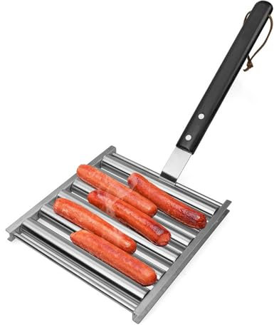Hot Dog Roller für Grill, 5 Kapazität Hotdog Roller Grill mit Holzgriff - Hotdogs Roller, Edelstahl Hot Dog Roller für BBQ Grill, Mädchen, Holzkohle, Camping