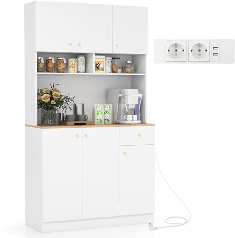 COSTWAY Buffet de Cuisine, Meuble de Cuisine avec Prises, 4 Placards, Grand Tiroir, Station de Recharge, Vaisselier, Armoire pour Salon, Salle à Manger, 100x40x181CM (Blanc)