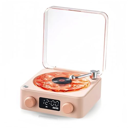 Tourne-Disque Vinyle 3 en 1, Platine Vinyle Vintage, Haut-Parleur Bluetooth avec qualité Sonore Stéréo, Veilleuse, Affichage de L'heure et de la Batterie (Rose)
