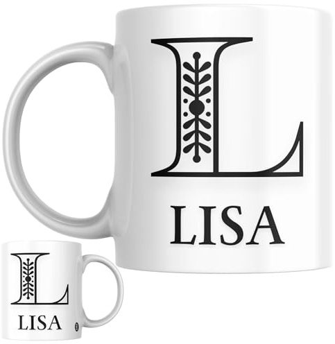 Designs of note! Lisa Personalised Initial Name Mug | Letter L Decorative Coffee Cup for Her | Novelty Elegant Gift for Women or Girls Called Lisa