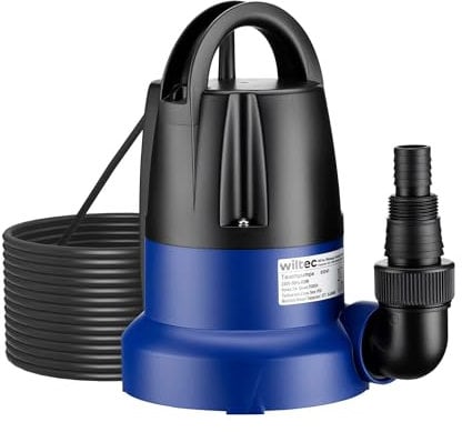 Wiltec Bomba de agua sumergible de aspiración plana 400 W aguas residuales hasta 1 mm caudal máx. 7000 l/h, altura máx. 7 m, profundidad máx. 7 m sensor de nivel de agua