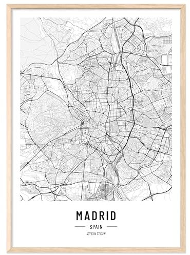 JUNOMI® Madrid Poster DIN A2 mit Rahmen Natur, DIN A2 Wohnzimmer Deko, Modernes Wandbild, Madrid Bild, Wandbild mit Rahmen, Stadtplan Poster Madrid, perfekte Geschenkidee für Madrider
