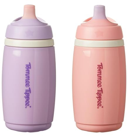 Tommee Tippee Insulated Active Spout Cup, 266ml, Non-Spill Water Bottle for Toddlers 12 Months+, Insulated to Help Keep Their Drinks Cool, Pink and Purple, 2 pack