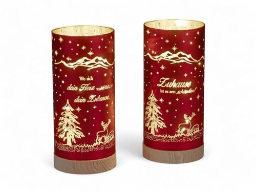 formano 2er Set LED Deko-Licht Zylinder Farbglas Rot mit Spruch 20 cm mit Timer - Rot-Gold Farbglas auf Holzsockel - Wohnzimmer Dekoration Weihnachten Winterdeko