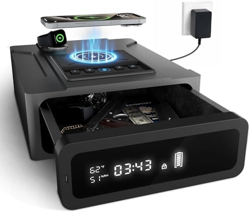 Biometrischer Waffentresor für Handfeuerwaffen, Nachttisch, Smart Safes Box mit kabellosem Laden für Telefon und Uhr, 3-Wege-Schnellzugriff für Fingerabdruckpistolen, automatische Pop-Up-Schublade