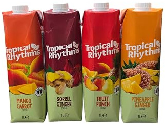 Tropical Rhythms Natural Fruit Drinks Pack, Mango Carrot, Sorrel Ginger, Fruit Punch, Pineapple Ginger, 1L Bottles, 4-Pack