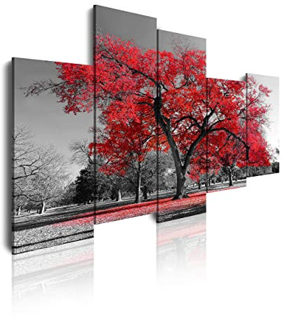 DekoArte 16 - Modernes Bild, digitalisierter Kunstdruck | Dekoratives Bild für den Salon oder das Schlafzimer | Landschaft | Rote Bäume | Natur | 5 Teile, 150 x 95 cm