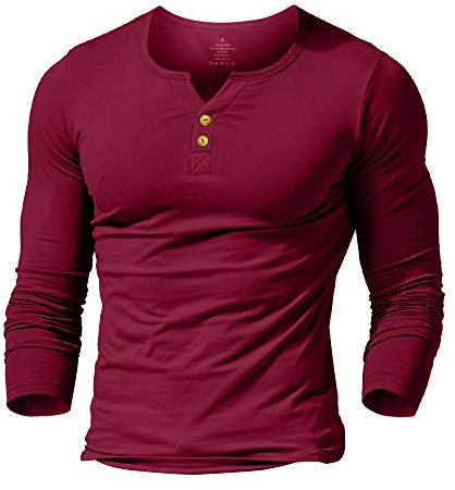Mens Long Sleeve Muscle Slim Fitted Cotton Henley T-Shirt with Buttons Wine Red S