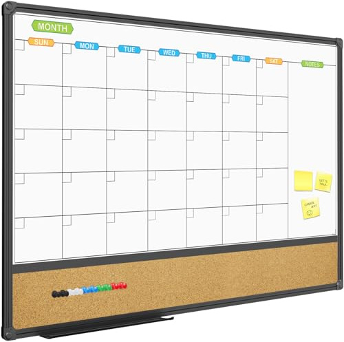 JILoffice Pizarra magnética con calendario blanco y tablón de corcho para anuncios, tablero combinado de 36 x 24 pulgadas, marco de aluminio negro, tablero montado en la pared para oficina, hogar y