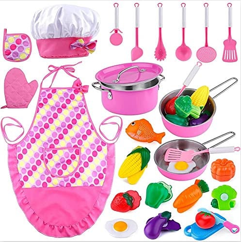 Kids Kitchen Pretend Play Toys, Kitchen Playset Cooking Toys Set with Stainless Steel Cooking Utensils, Cookware Pots and Pans Set, Cutting Vegetables, Knife and Apron for Kids Toddlers Girls Boys