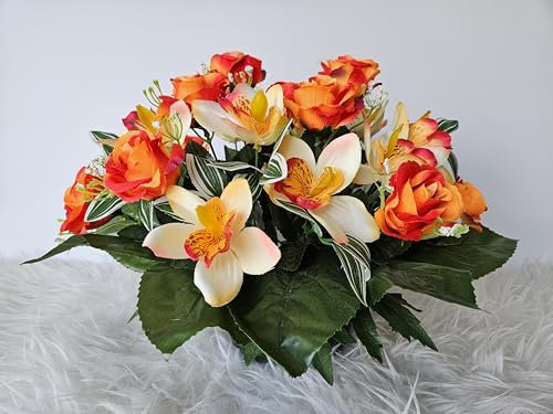 Roselynexpress Composition de Fleurs Artificielles Lesté Ciment pour Une Parfaite Tenue à L' Extérieur Vu Son Poids et Son Pot en Forme de Charlotte. Réalisé par nos Soins, Fleurs de Qualité.