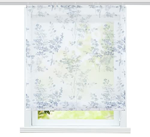 ESLIR Raffrollo mit Klettband Gardinen Küche Raffgardinen Transparent Wohnzimmer Vorhänge mit Blätter-Motiven Modern Voile Grau BxH 140x140cm 1 Stück