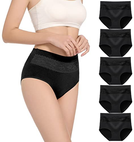 HAVVIS Unterhosen Damen Stretch Baumwolle Hohe Taille Slips Weich Atmungsaktiv Bequeme Unterwäsche Mehrpack (B02-5er Pack - schwarz, XL)