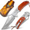 NedFoss SWORDFISH Couteau pliant Damas, Lame de 7 cm en 67 couches d'acier vg10, Manche en santal précieux, Etui en cuir épais, avec clip ceinture, Idéal pour collectionner, offrir, chasser