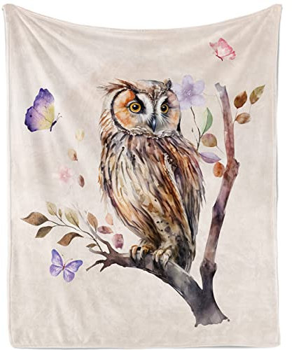 Decke Eule Kuscheldecke Eule Weich Plüsch Eulen Wohndecke Aquarell Eule für Mädchen Jugendliche Geschenk, Eule Flanell Fleecedecke mit Schmetterling Blume Muster für Sofadecke Couch Decke, 130x150cm