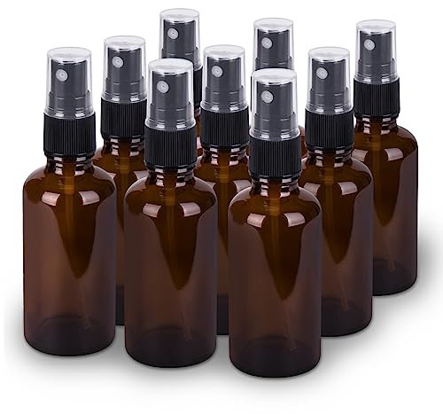hmaimas Paquete de 9 botellas pequeñas de vidrio ámbar, botellas de spray vacías de 2 onzas para aceites esenciales y cabello