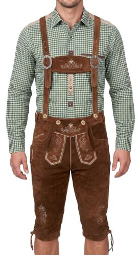 Bavarian Knee-Length Lederhosen for Men - Designed in Germany - Genuine Leather Pants with H-Style Suspenders, Color: Medium Brown, US Size: 30