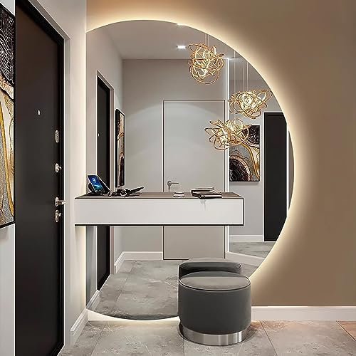 UkewEi 3 Lichtfarbe Rahmenlos Halbrunder Wandspiegel, Wandmontage Beschlagfrei Badspiegel, Dimmbar LED Spiegel mit Hinterleuchteten (Color : Left Cut, Size : 63 * 90cm)