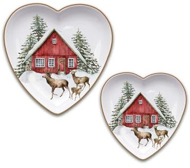 ARCA, Set di 2 Piatti in Porcellana a Forma di Cuore, con Decorazione Natalizia Casa, Resistenti e duraturi, Ideali per la Tavola, Idea Regalo di Natale, in Diverse Misure
