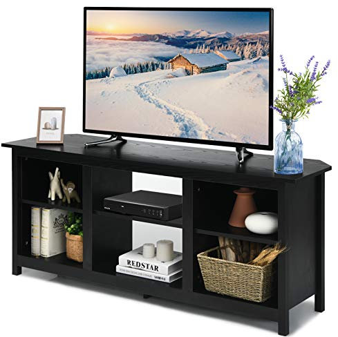 COSTWAY TV Stand for TVs up to 65 Inches, Wooden TV Cabinet Media Entertainment Center with 6 Open Storage Shelves, Living Room Bedroom TV Unit Console Table for 18 Electric Fireplace (Black)