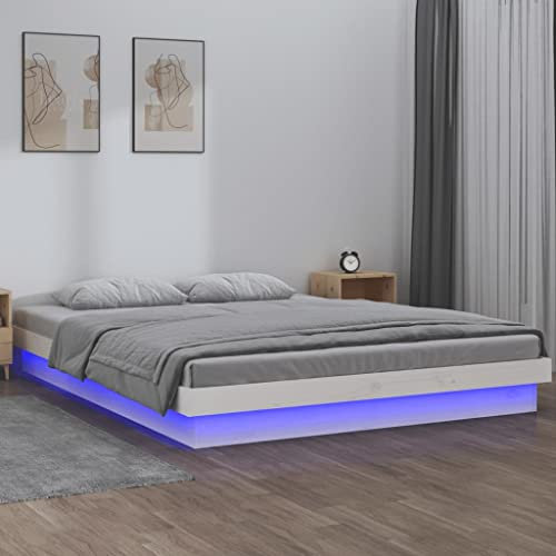 NITCA Bett mit LED 140 x 200 cm Massivholzbett Bett 140 x 200 cm mit LEDs und Lattenrost Weiß Polsterbett mit LED Beleuchtung Bettrahmen Holz Jugendbett Bettgestell Doppelbett Schlafzimmerbett