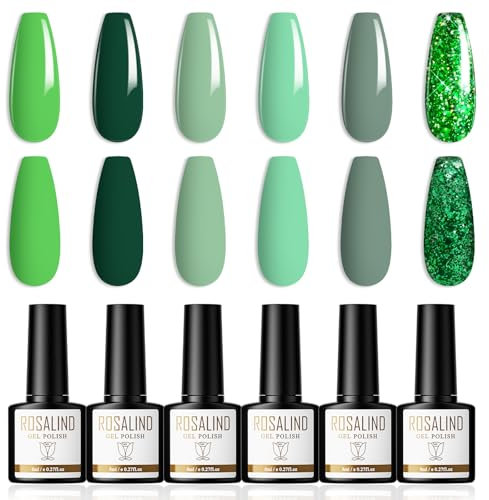 ROSALIND Smalti Semipermanenti per Unghie Verde Scuro Glitter Verde Chiaro 6 Colori Smalto Semipermanente Smalti Gel per Unghie 8ml UV/LED Soak Off Nail Polish Serie Verde Set Nail Art DIY