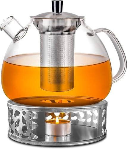 Muttertagsgeschenke, Glas Teekanne mit Stövchen und Sieb 1,5L, Edelstahl Filter Tee Bereiter, Glas Kanne Set