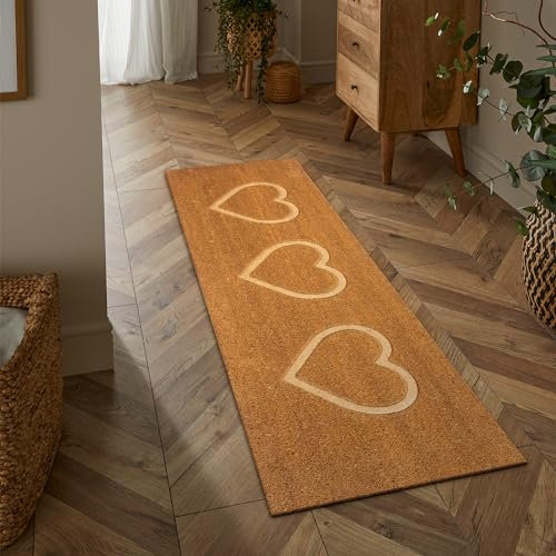 Rugs & More Runner Rug - Coir Patio Doormat, Large Outdoor or Indoor Rug, Welcome Mat, Heavy Duty Entrance Coir Door Mat, for Entrance, Porch, or Garden Door (Embossed Heart Design, 40 x 120 cm)