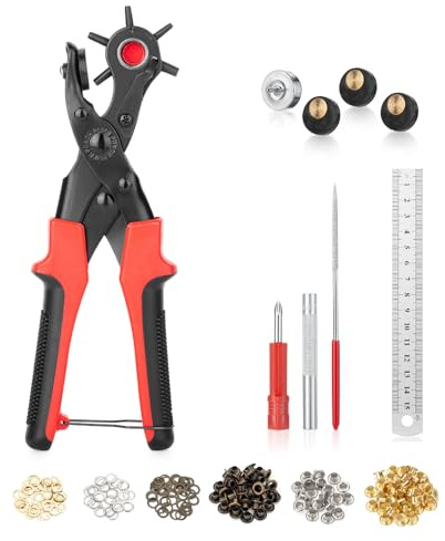 UNCO- Leather Hole Punch Tool Set, Red Handle, Multi Punch Sizes, Belt Hole Puncher for Leather, Belts, Straps, Pet Collars, Shoes, Saddles, Canvas & DIY Crafts, with Grommet Eyelet Kit 100 Set
