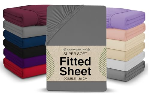 Double Fitted Sheet - 135 x 190cm with 30cm Deep Pocket, Soft Brushed Microfibre, Wrinkle-Free, Easy Care, Fade & Shrink Resistant by MAGNA COLLECTION (Grey, Double)