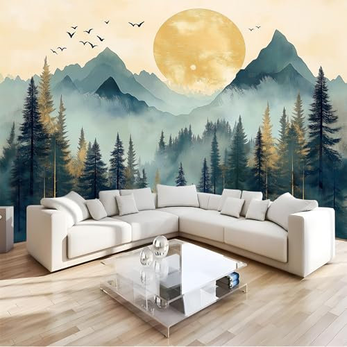 Tapete Zum Abziehen Und Aufkleben, Aquarell-Wald, Entfernbare Tapete, 380 X 280 Cm Für Mieter, Diy-Freundlich, Goldene Sonne, Selbstklebende Wanddekoration, Kontaktpapier Für Schlafzimmer Wohnzimmer