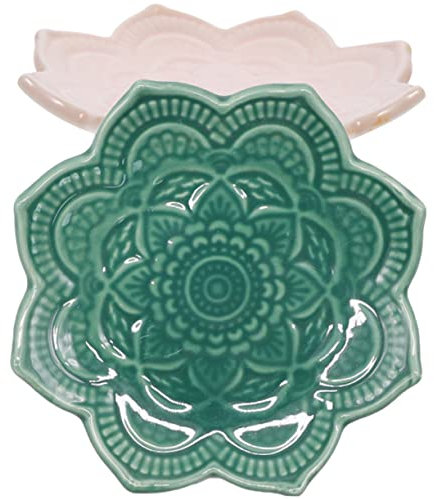 TINEASUR 2 Pièces Assiette à Bijoux Mandala Plateau Organisateur De Bijoux Plat Fleur De Lotus Décor De Plantes Vide-poches Fleurs Porte-bijoux Décor De Commode Norrois Décor Bleu Céramique