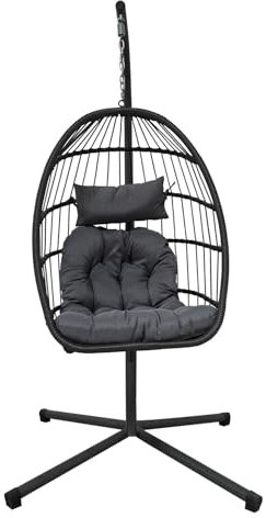 Egg Chair Garden Swing Seat Rattan Foldable Hanging Hammock with Cushions Stand UV Resistant Outdoor Indoor Furniture (Light Grey)
