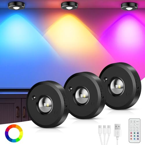 Vitrinenbeleuchtung LED Kabellos mit 1500mAh Akku & Fernbedienung – Aufladbare Schrankbeleuchtung Indirekte Beleuchtung RGB Spot Batterie， Magnetisch Timer für Küchenschränke Regale 3000K/4500K/6000K