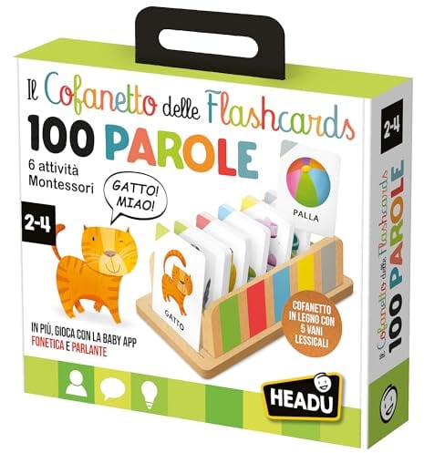 HEADU - Il Cofanetto delle Flashcards 100 parole - La Più Ricca Raccolta di Flashcards Per Imparare le Prime Parole | Con App Interattiva, Gioco Educativo 2 3 4 Anni, Idea Regalo, Made in Italy